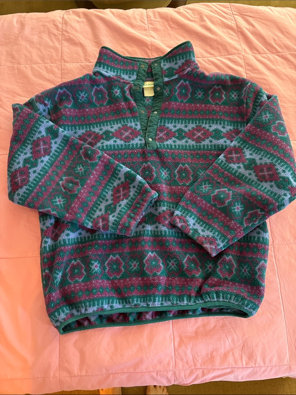 Vintage L.L.Bean Fleece Pullover Fair Isle Aztec Snap Neck